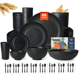 Teivio 88-Piece Kitchen Plastic Wheat Straw Dinnerware Set, Service for 8, Dinner Plates, Plates and Bowls Sets,Pasta Bowls,Cups, Flatware, Dishwasher Safe, Unbreakable Outdoor Camping Dishes, Black