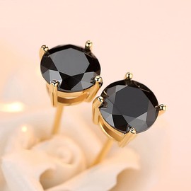 JIANGXIN Round Black Onyx 925 Sterling Silver Stud Earring 18K Gold Plated Men Women Unisex Jewelry 7mm