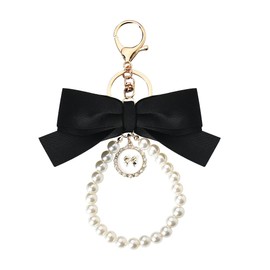 Bow Keychain Bracelet for Women Girls Pearl Wristlet Key Ring for Car House Keys Hanging bag Charms Wallet Purse Pendant Bowknot Keychains Accessories for Women Hangbag Backpacks Black