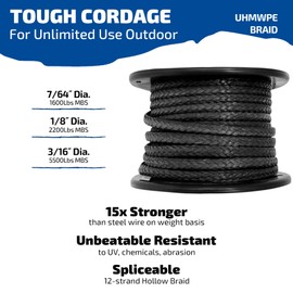 emma kites 100% UHMWPE Braided Cord Heavy Duty Abrasion Resist. Low Stretch Utility Cord for Kites Surfing Whoopie Rigging Spearfishing Kayak Survival Repair, Black 7/64"(Dia.) 1600Lb 30Ft Spool