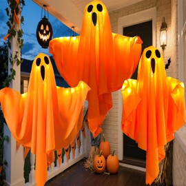 Decoraciones Colgante de Fantasmas de Halloween,3 Piezas Fantasmas Colgantes de Halloween con Luces LED,Fantasmas Colgantes de decoracion para Exterior e Interior ﻿ (Luz cálida 3pc - fantasma)