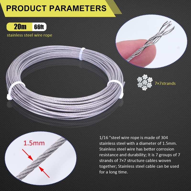 KNLN/304 Stainless Steel 66ft Wire Rope Kit with M5 Turnbuckle