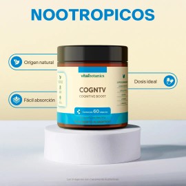 VitalBotanics COGNTV 60 Caps Nootrópico con Hongo Cordyceps, L-Tirosina, Vitaminas B1, B2, B3, B5, B6, B12, Alfa Glicerilfosforil, Colina y Uva Brain Support