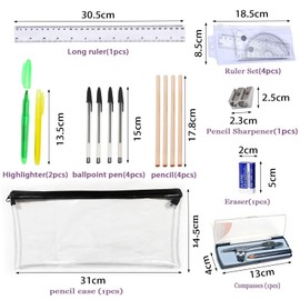 18 PCS School Stationary Sets, Back to School Stationery Set, Exam Stationery Set, Assorted Stationery Pack with 4 Graphite Pencils, 4 Pens, 2 Highlighter, Eraser & Sharpener, Compass, Pencil Case