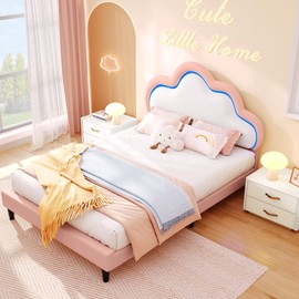 YITAHOME Twin Size Bed Frame, LED Bed with PU Faux Leather Adjustable Cloud Headboard, Platform Upholstered Bed Frame with Wooden Slats Support, No Box Spring Required, Easy Assembly, Pink