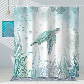 Sea Turtle Shower Curtain, Blue Teal Ocean Beach Decor Bathroom Curtains, Nautical Coastal Fish Beachy Summer Animal Seashell Kids Theme Waterproof Fabric Shower Curtain Set with Hook, 72x84in
