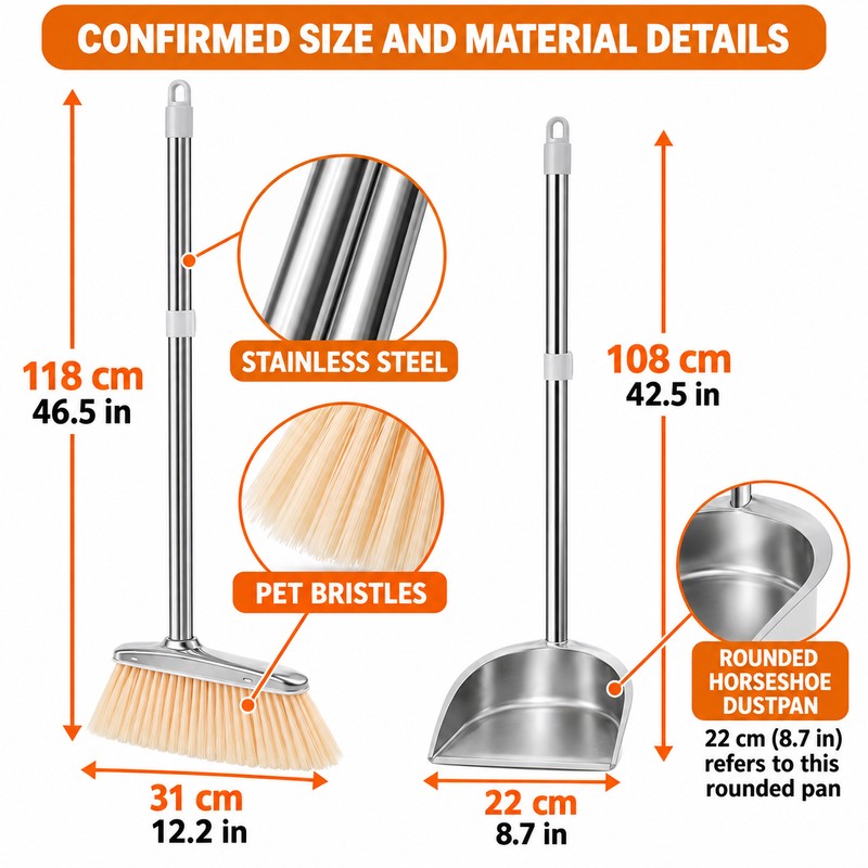 willstar Stainless Steel Broom and Dustpan Set, Long Handle Upright