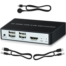 KVM Switch, SZJUNXIAO USB Switch HDMI 2 Port Box, USB and HDMI Switch Supports UHD 4K @ 60Hz with 2 USB Cables and 1.5 m Long Desktop Switch Controller for Mouse, Printer, Scanner, USB Sticks, etc