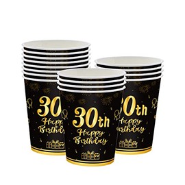 16Pcs Black Gold 30th Birthday Paper Cups,Birthday Tableware Party Cups Disposable,Happy 30th Birthday Table Decorations Cup Birthday Gifts for Women,Men,Ladies,Him,Her 30th Birthday Party Décor