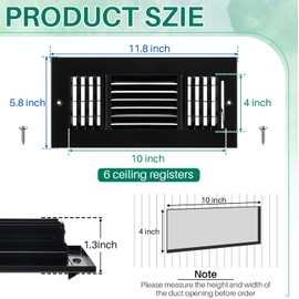 Datanly 6 Pcs Black 10 x 4 Inch Interior Size Air Ceiling Vent Covers 3 Way Sidewall Wall Ceiling Register Air Conditioner Vent Covers Solid Steel HVAC Accessories for Home, Bathroom, Office, Toilet