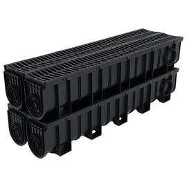 Dollate Trench Drain System, Channel Drain with Plastic Grate, 5.9x7.5-Inch HDPE Drainage Trench, Black Plastic Garage GardenDrain,Trench Drain Grate, with 4 End Caps,Convenient Assembly 4 Pack