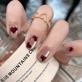 BFY Cat's Eye Press on Nails Medium Nude Pink Square Fake Nails, Wine Red Hearts Holographic Glitter Acrylic Nails Kits for Women Girls, Salon Quality Gel False Nails Stick Glue on Nails Tips 24 Pcs