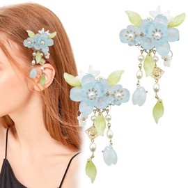 1 Pair of Blue Handmade Flower Butterfly Hair Clip, Vintage Hair Clips, Tassel Hair Clip, Hanfu Decorative Hair Clips, and Chinese Hair Accessories, for Women Bride Bridesmaids