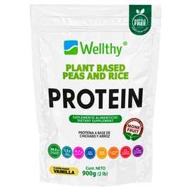 Wellthy Proteina Vegana sabor Vainilla 900g. 24.5 de Proteína por Scoop, 30 PorcionesPlant Based Peas & Rice Protein, Glutten Free, 100% Libre de soya, Non GMO, Bottle Free.