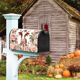 Baocicco Rustic Cow Mailbox Cover Cute Farm Animal Cow Mailbox Covers Magnetic Standard Size 21x18 Inch Spring Pink Rose Mail Box Cover Waterproof Post Box Wrap Farmhouse Decorations for Outdoor