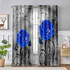 EOTDMS Blue Rose Print Curtains for Living Room Bedroom, 42x84 Inches Polyester, Floral Raindrops Gray Art Blackout Thermal Insulated Drapes, 2 Panels CLOKEO0141