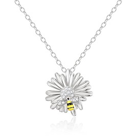 BriLove Dainty Flower Honeybee Necklace 925 Sterling Silver Cubic Zirconia Sunflower Pendant Necklaces You are My Sunshine Gifts for Women Clear Silver-Tone