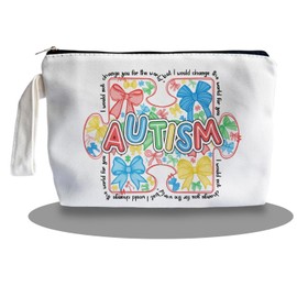 SQQCMM Autism Awareness Coquette Makeup Bag - Retro Autism Bow Themed Gifts for Lovers Girls Mom Women, Canvas Zipper Makeup Bag, Cosmetic Travel Bags for Women