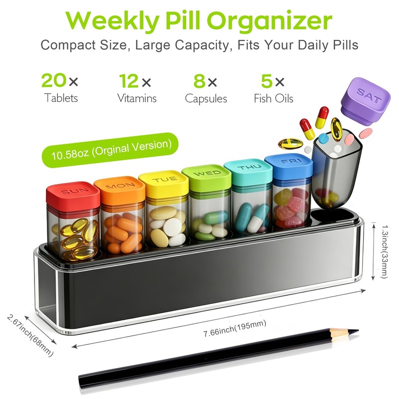 Weekly Pill Organizer, Detachable 7-Color Pill Box, Easy Open