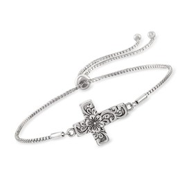Ross-Simons Sterling Silver Bali-Style Floral Cross Bolo Bracelet