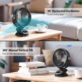 iNeibo 8-inch Oscillating Clip on Fan, 10000mAh Battery Powered with LED Light,Portable Camping Fan Rechargeable, 5-Speed 360° Adjustable, Camping Essentials for Travel Outdoor Indoor (Black)