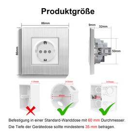 CNBINGO Aluminium socket with clamping claws, silver, simple Schuko socket, flush-mounted, earthing contact, wall socket with aluminium frame, 1 compartment