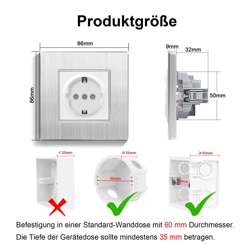 CNBINGO Aluminium socket with clamping claws, silver, simple Schuko socket,