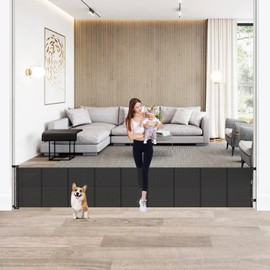 24" Tall X 120" Extra Wide Retractable Baby Gates, Short Dog Gates to Step Over, Reinforced Long Mesh Pet Gate with Support Rods, Small Puppy Gates for The House, Black