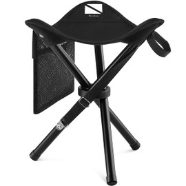 RISIBIX Foldable Tripod 17'' Stool - Ultra Portable Seat, Hunting Chair + a Pocket - 1 lb Camping Stool, 3 Legged Strong Steel Stool Holds up to 200 lb (Black)