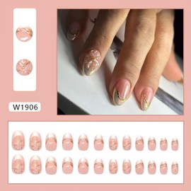 White French Tip Press on Nails Short Almond Fake Nails with 3D Gold Lines Flower Designs Extra Short Glue on Nail Reusable Artificial Floral Acrylic Full Cover Stick on Nail for Women 24 Pcs