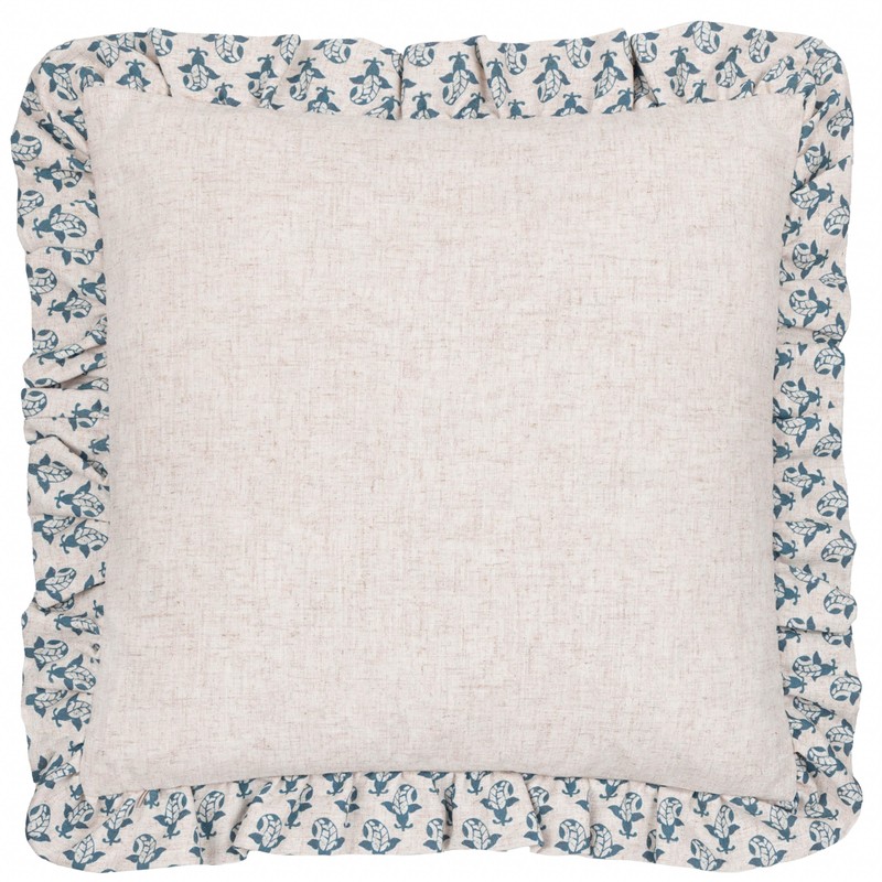 furn. Lulah Block Printed Ruffle Cushion Cover - Linen/Blue -