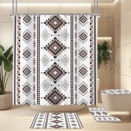 4PCS Western Aztec Shower Curtain Set Abstract Bathroom Set with Rugs