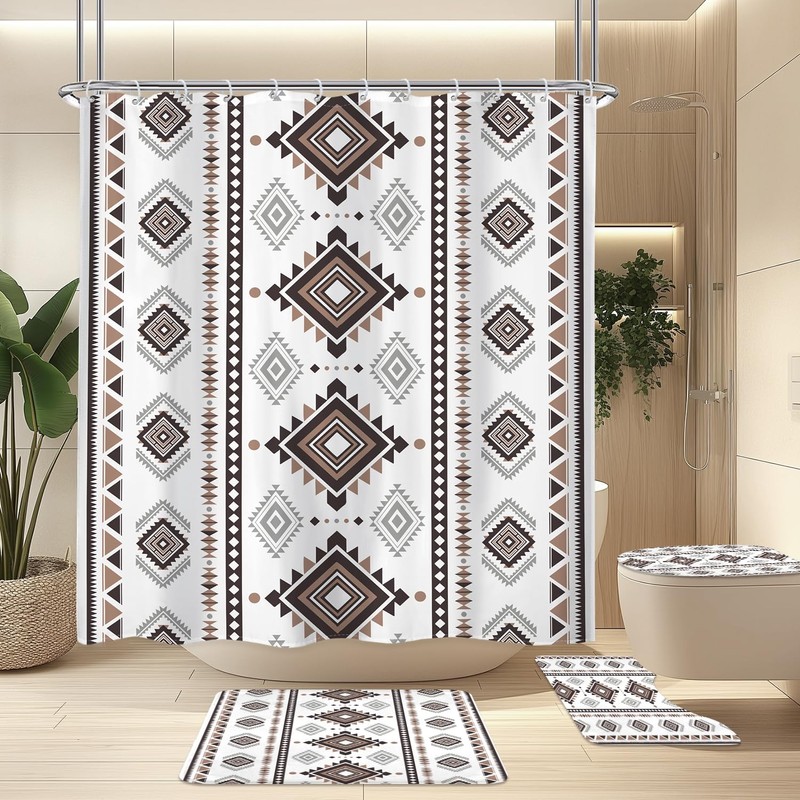 4PCS Western Aztec Shower Curtain Set Abstract Bathroom Set with