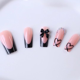 BABALAL Press on Nails Long Square Fake Nails Black French Tip Glue ons with Bow Charm Rhinestone Shiny Supplies 24Pcs Manicure Full Cover Acrylic False Nails