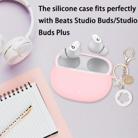 Case for Beats Studio Buds 2021, Studio Buds Plus 2023 Case Cover with Bling Keychain, Soft Silicone Protective Skin for Beats Studio Buds + Earbuds Accessories for Women Girls (Pink)