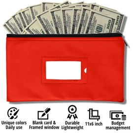 Money Bank Deposit Bag with Zipper | 11x6 inch | Red | Durable Leatherette Money Cash Coin Check Wallet Pouch for Men & Women with Framed ID Window and Blank Card | by GIDABRAND (1)