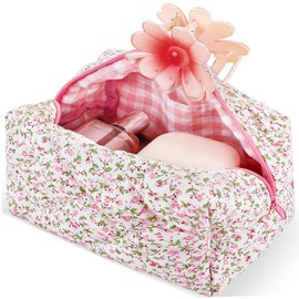 URSKYTOUS Quilted Makeup Bag Floral Large Cute Cosmetic Bag Cotton Puffy Makeup Organizer Coquette Travel Makeup Pouch Aesthetic Portable Zipper Toiletry Storage Bag for Women Girls (Pink)