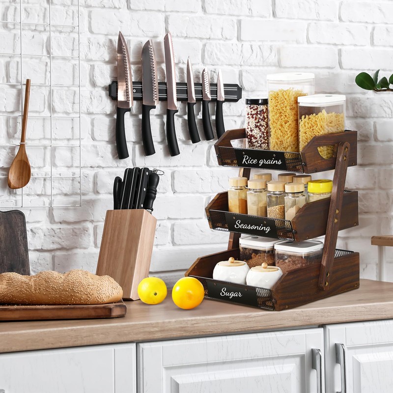 Briwooody Wooden Fruit Basket for Kitchen Counter with Banana Hangers