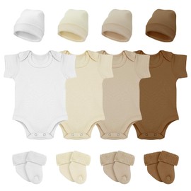Glitopper 4 Pack Preemie Layette Set Premature Baby Bodysuit Preemie Clothes Hat Bodysuit Socks Set for NICU Newborns(White, Light Khaki, Khaki, Brown)