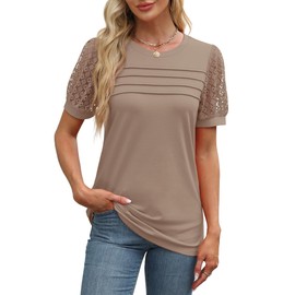 WIHOLL Women's Tops Dressy Casual Flowy Lace Top Summer Outfits Loose Fit Flattering Pleated Front T Shirt Khaki M