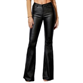 Lover Premium Women's Faux Leather Coated Flare Pants Mid Waist PU Skinny Black Leggings Bell Bottom Pants with Pockets
