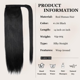 JIAMEISI Ponytail Extension Human Hair Wrap Around Clip in Hair Piece Ponytail Extension Human Hair Straight Ponytail For Black Women with Magic Paste 70G(16 inch, Black #1)