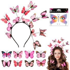 Butterfly Headband, Pink Butterfly Headpiece, 1 Butterfly Headband + 8 Hair Clips, Butterfly Costume Accessory Set, Fancy Dress Butterfly Women's Hair Accessories Carnival Headband