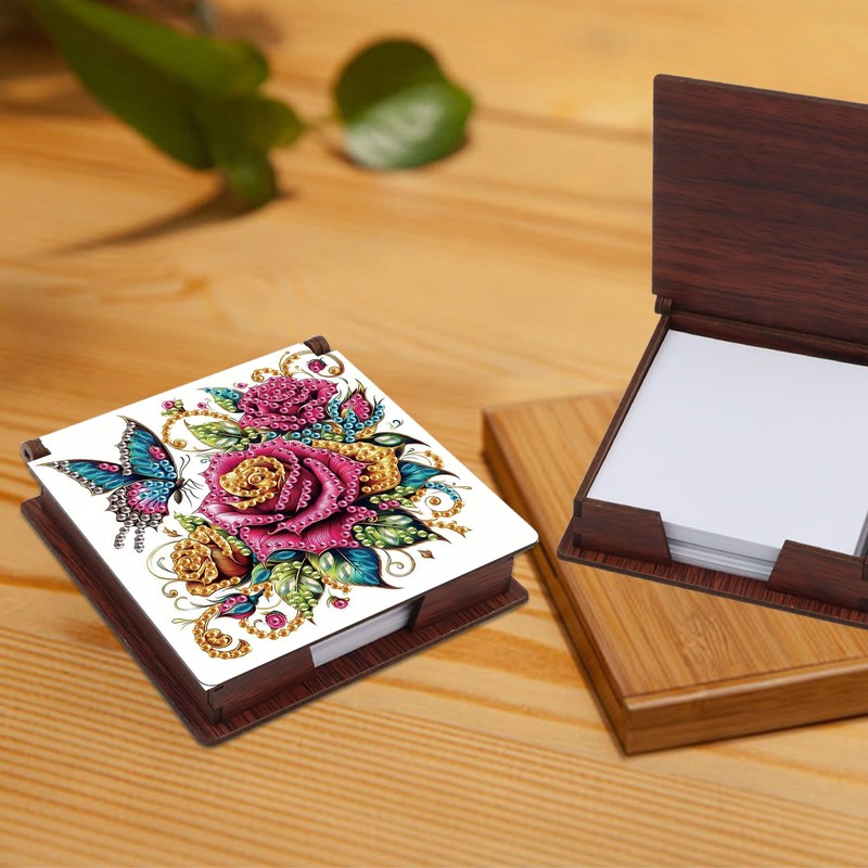 JZHYOAN Flower Diamond Art Wooden Note Box Reusable Portable Notes