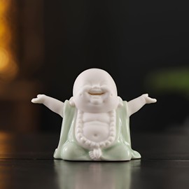 Houlu 3.15 Inch Small Green Laughing Buddha Statue for Home Decor, Ceramic Happy Buddha Statue Indoor for Good Luck