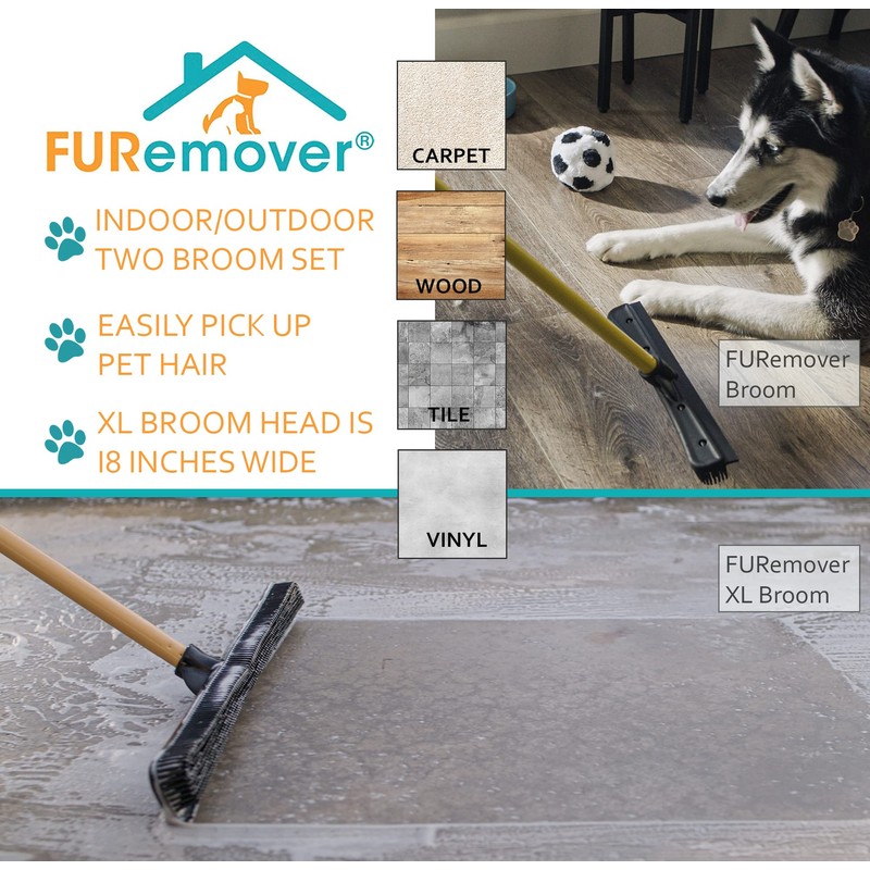 FURemover Pet Hair Rubber Broom 2-Piece Set containing Original and