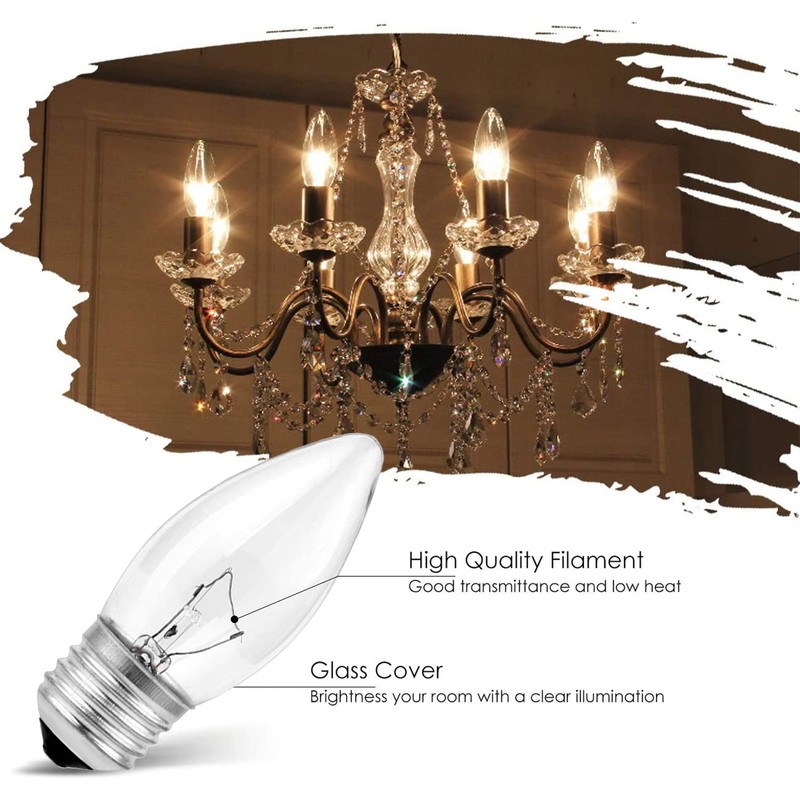 Tiqian Elegant Chandelier Light Bulbs, Incandescent Torpedo Shape, Crystal Clear,