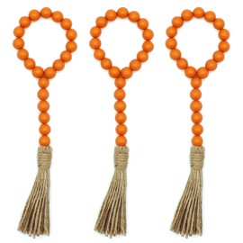 CVHOMEDECO. Wood Bead Garland with Tassels 3 PCS Farmhouse Rustic Wooden Prayer Beads String Wall Hanging Accent for Home Festival Decor. Orange