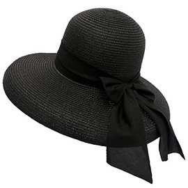 XGOPTS Women's Beach Sun Straw Hat Fashion Wide Brim Bowknot Straw Hat Foldable Sun UV Protection Summer Casual Sun Hat for Outdoor Beach Holiday Travel (58-60cm) Black