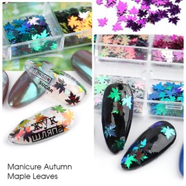 12 Colors Fall Nail Art Stickers Maple Leaf Nail Glitter Sequins 3D Nail Art Accessories Autumn Leaf Shape Flakes Holographic Gold Red Maple Leaves Paillettes Designs Acrylic Nails Supply Kit